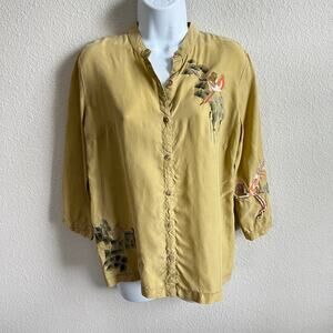 Citron Santa Monica Bird Embroidered Yellow Suede Top Women's S Relaxed Boho